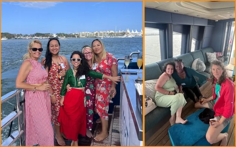 Two photos of the Your Helpers team together on a boat outing.