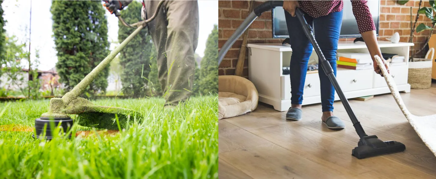A Your Helpers team member mowing a suburban lawn, and a cleaner mopping a
              timber floor inside a home.